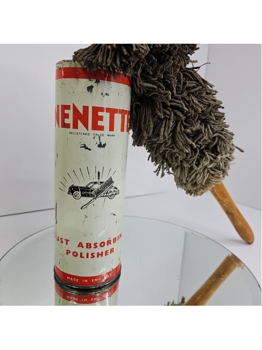 Vintage Nenette Car Duster Polisher Garage Workshop Automobilia Can With Brush